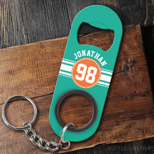 Sports Jersey Stripes Emerald & Orange Namensnumme Schlüsselanhängerflaschenöffner