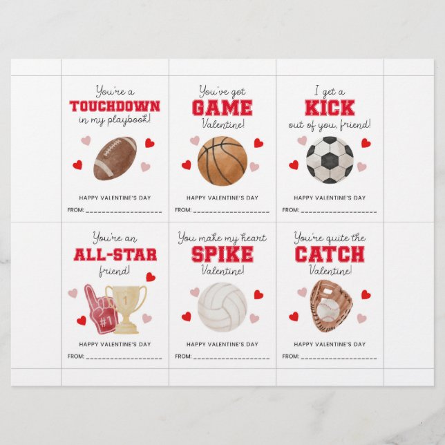 Sports Valentine’s Day Cards for Kids Classroom  Briefbogen (Vorderseite)