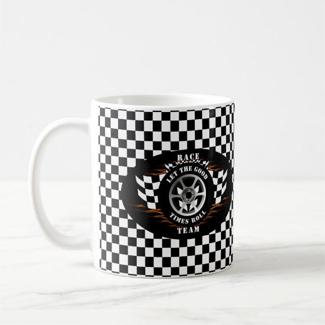 Sportscar Racing Wheel Flames Checkered Flag Pro Kaffeetasse (Links)