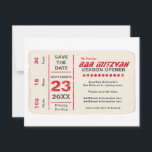 Sportstar Bar Mitzvah Card in Rot Save The Date<br><div class="desc">Jede große Bar Mitzvah beginnt mit einem kleinen Buzz. Mit dieser-Postkarte, die ein klassisches Sportticket nachahmt, können Sie sich ein paar eigene Karten anlegen. Außerdem können Sie praktisch alle gedruckten Informationen mit Ihren Informationen anpassen.. Füllen Sie einfach die Felder aus! Es ist perfekt für ein sportliches Thema Bar Mitzvah oder...</div>