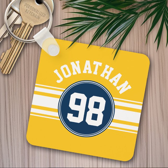 Sportstreifen Navy Blue & Yellow Name Number Schlüsselanhänger (Personalized keychain - Sports Jersey Theme)