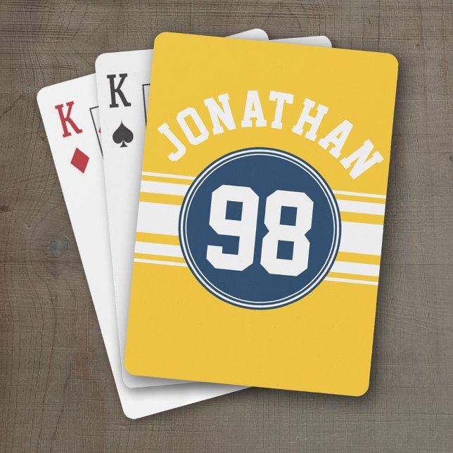 Sportstreifen Navy Blue & Yellow Name Number Spielkarten (Personalized Playing Cards - Sporty Stripes)