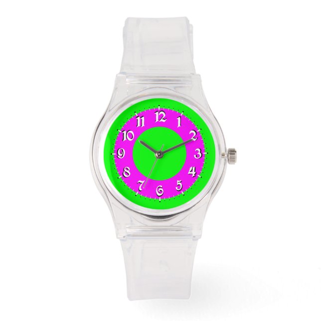 Sportsynchrone, rosa und grüne analoge Uhr (Vorderseite)