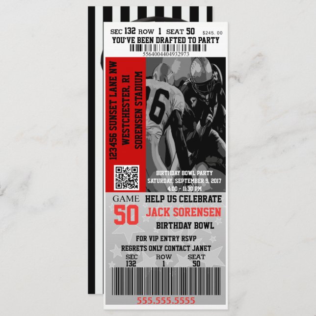 Sportthema Fußball Ticket Geburtstagsparty Einladung (Vorne/Hinten)