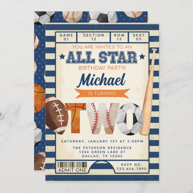Sportticket 2. Geburtstags-Party Einladung (Vorne/Hinten)