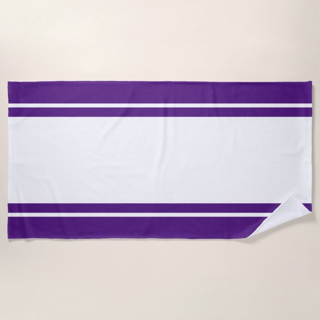 Sporty 70er Wide Weiß Lila Rennstreifen Strandtuch (Vorderseite)