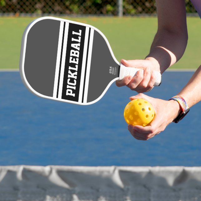 Sporty Black Dunkel Gray White Racing Stripes Text Pickleball Schläger (InSitu)