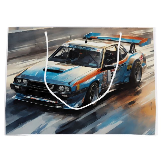 Sporty Blue Racing Auto Große Geschenktüte (Vorderseite)
