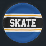 Sporty Bold Aquamarin Black Yellow SKATE Racing St Pappteller<br><div class="desc">Dieses sportliche,  sportliche Design mit feinem SKATE-Text in einem farbenprächtigen,  schwarzen Streifen mit zwei weißen und gelben Rennstreifen gegen aquamarine blaue Außenstreifen. Der Text kann personalisiert sein.</div>