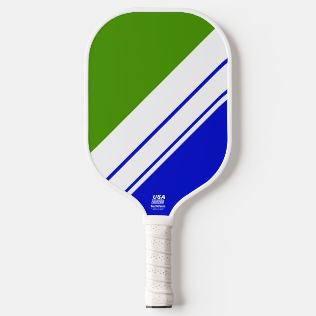 Sporty Bold Green Blue White Slant Racing Streifen Pickleball Schläger (Vorderseite)