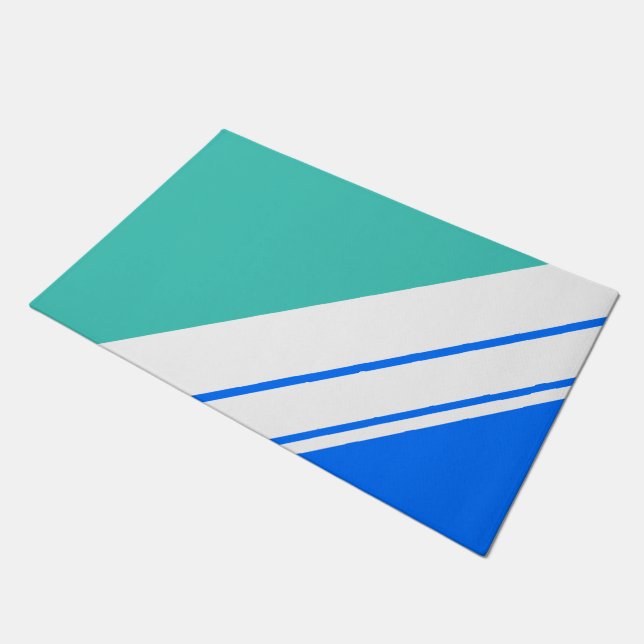 Sporty Bright Blue Aqua White Slant Racing Streife Fußmatte (Schrägansicht)