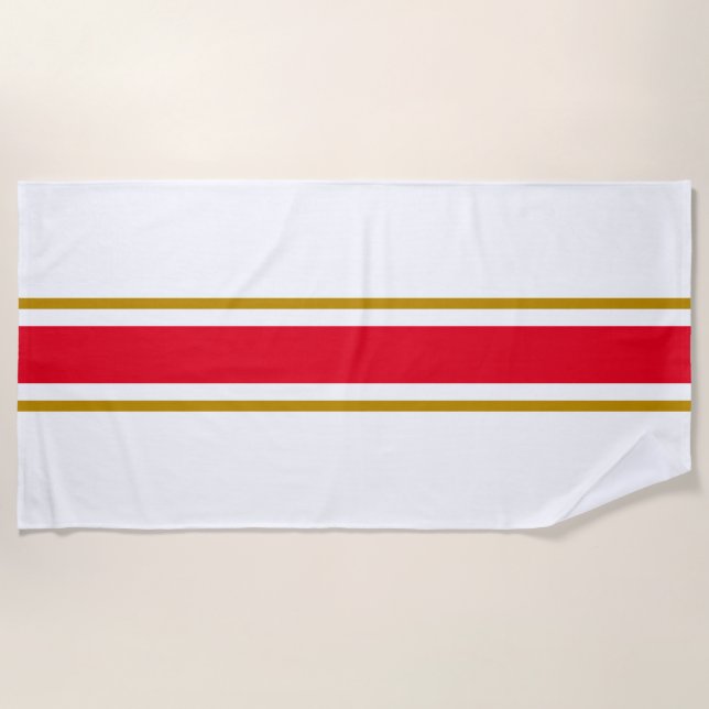 Sporty Bright Red Warm Brown White Racing Streifen Strandtuch (Vorderseite)