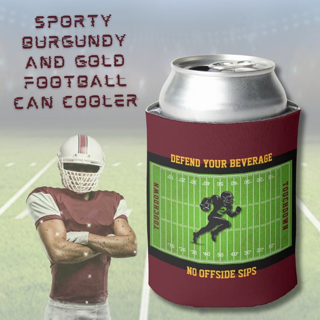 Sporty Burgundy und Gold Football Dosenkühler (Sporty Burgundy and Gold Football Can Cooler)