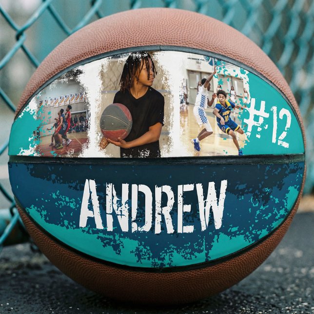 Sporty Custom Player Name & Nummer 3 Foto Collage Basketball (Sporty Custom Player Name Number Photo Collage Basketball)