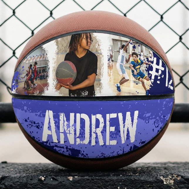 Sporty Custom Player Name & Nummer 3 Foto Collage Basketball (Sporty Custom Player Name & Number 3 Photo Collage Basketball)