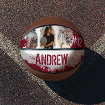 Sporty Custom Player Name & Nummer 3 Foto Collage Basketball<br><div class="desc">Einzigartiger personalisierter Basketball-Foto-Sake für Ihren All-Star-Basketballspieler. Unser Design zeichnet sich durch ein rustikales Gunge-Design mit rot-grauen Grunge-Texturen und Fotorahmen aus. Personalisieren Sie mit drei Ihrer Lieblings-Fotos zusammen mit dem Namen und der Jersey-Nummer des Spielers. Design von Moodthology Papery.</div>