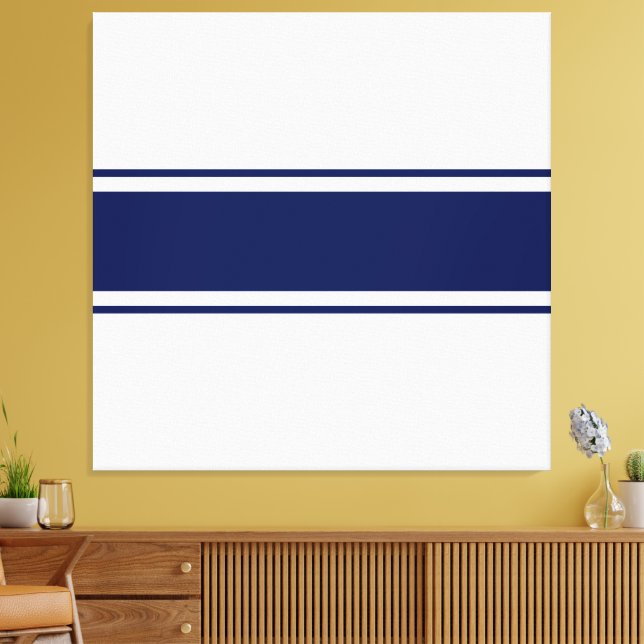 Sporty Fun 70er Navy Blue White Racing Stripes Leinwanddruck (Insitu (Wohnzimmer))