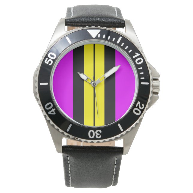Sporty Fun Bright Pink Yellow Black Racing Streife Armbanduhr (Vorderseite)