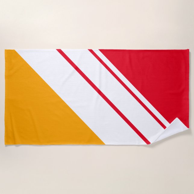 Sporty Fun Bright Red Yellow White Racing Streifen Strandtuch (Vorderseite)