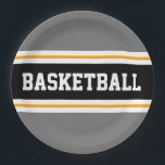 Sporty Fun Gray Black Yellow BASKETBALL Streifen Pappteller<br><div class="desc">Dieses sportliche Design zeichnet sich durch fett formatierten BASKETBALL-Text in einem breiten schwarzen,  horizontalen Mitte-Rennstreifen aus,  der durch zwei schwungvolle,  weiße Pinstreifen gegen graue äußere Streifen hervorgehoben wird. Der Text kann personalisiert sein.</div>