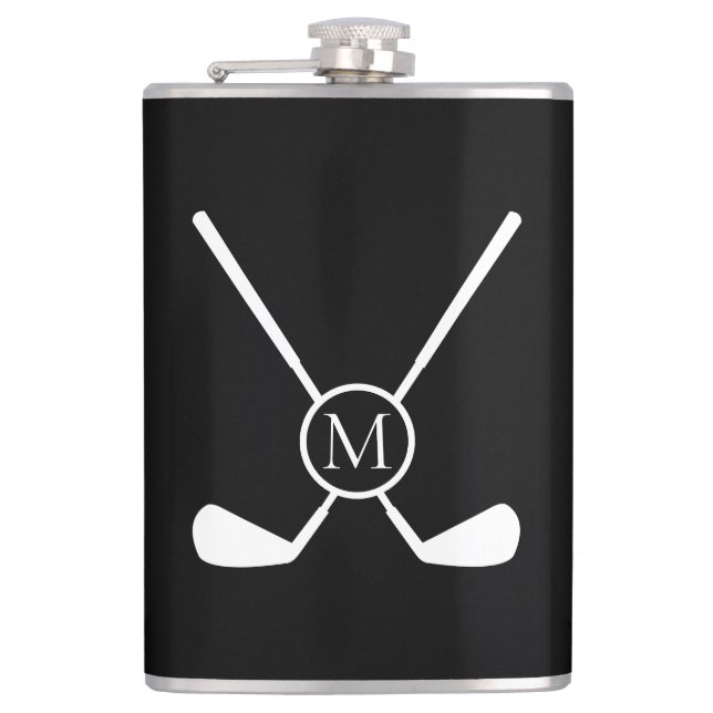 Sporty Golf Clubs Illustration White Monogram Flachmann (Vorderseite)