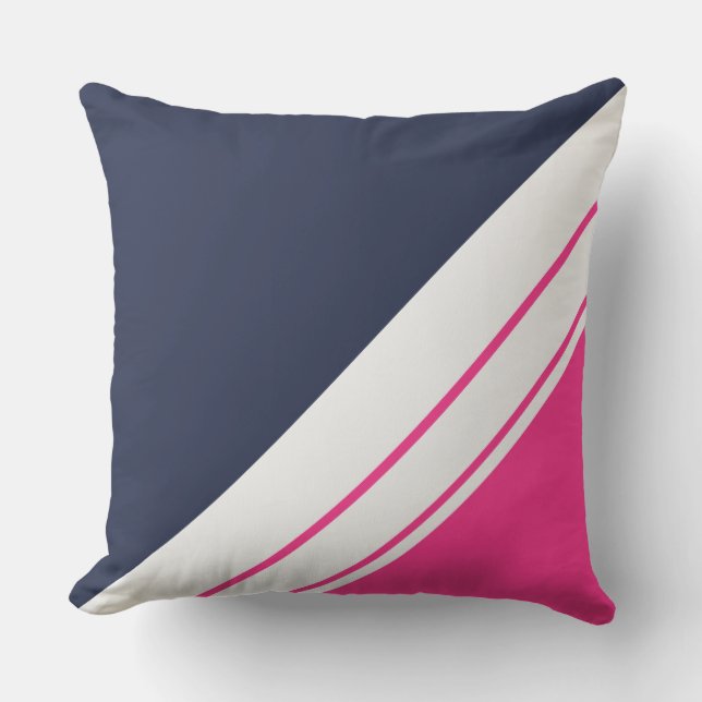 Sporty Navy Blue Bright Pink White Racing Streifen Kissen (Vorderseite)