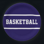 Sporty Navy Blue White BASKETBALL Text Stripes Pappteller<br><div class="desc">This sporty design features bold white BASKETBALL text and stripes against navy blue background.  The text and colors can be personalized.</div>