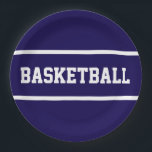 Sporty Navy Blue White BASKETBALL Text Stripes Pappteller<br><div class="desc">This sporty design features bold white BASKETBALL text and stripes against navy blue background.  The text and colors can be personalized.</div>