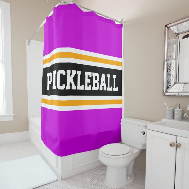 Sporty PICKLEBALL Spaß Pink Black Racing Streifen Duschvorhang (Beispiel)