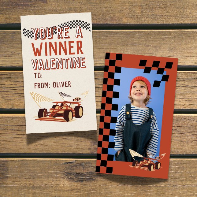 Sporty Race Car Valentine's Classroom Photo Card Mitteilungskarte (Share this You're a Winner Race Car DIY Valentine's Classroom Note Card!)