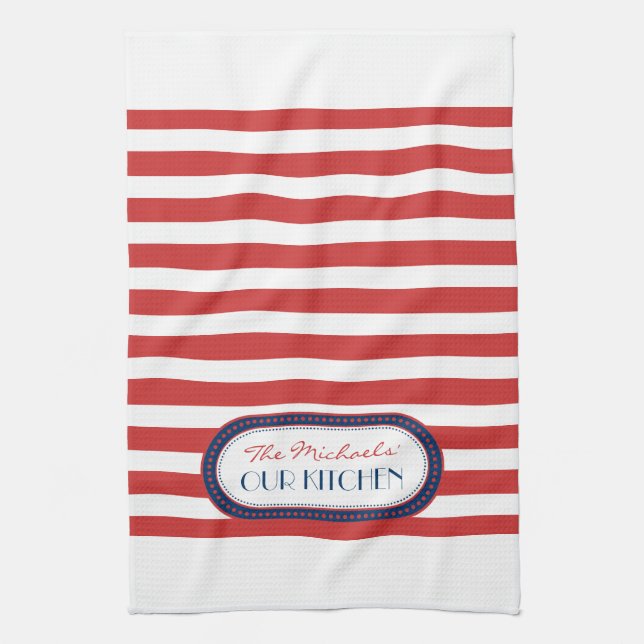 Sporty Red White Blue Stripes Monogramm Geschirrtuch (Vertikal)