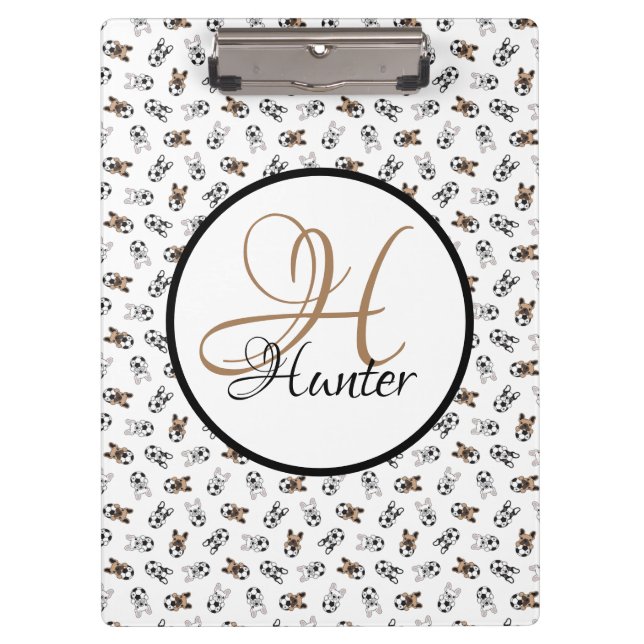 Sporty Soccer Puppies Mit Monogramm Klemmbrett (Vorderseite)