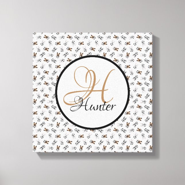 Sporty Soccer Puppies Mit Monogramm Leinwanddruck (Vorderseite)