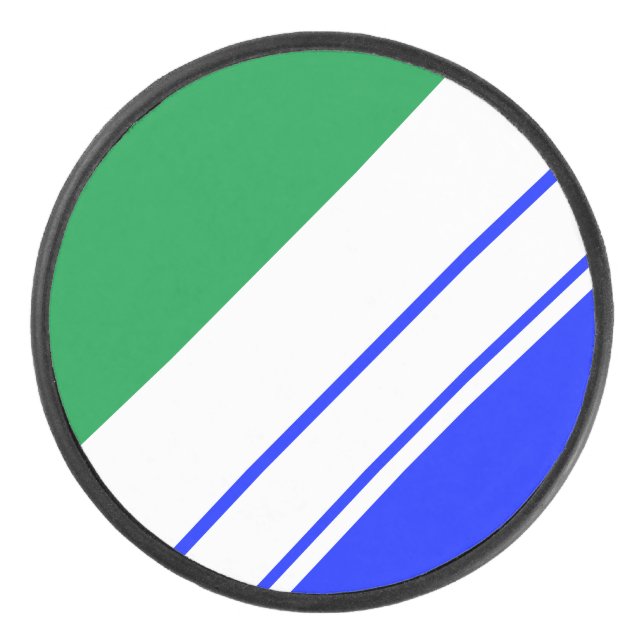 Sporty Vivid Blue Green White Slant Racing Streife Eishockey Puck (Vorderseite)