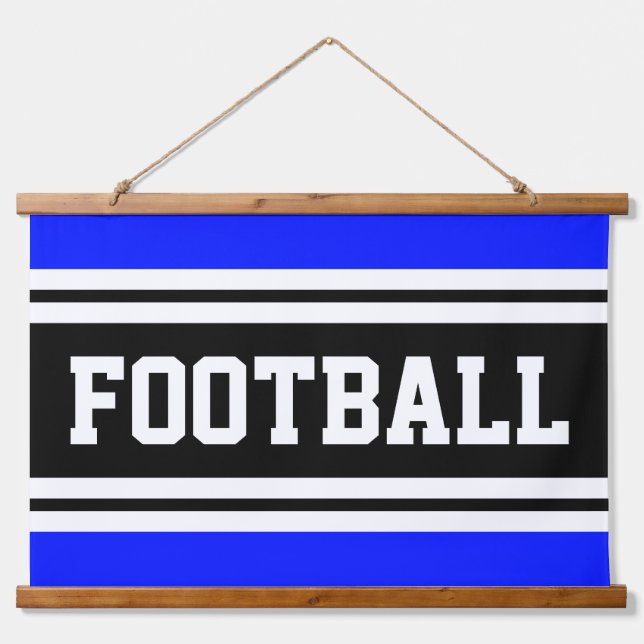 Sporty Vivid Blue Schwarz-weiß Stripes FOOTBALL Wandteppich Mit Holzrahmen (Vorne)