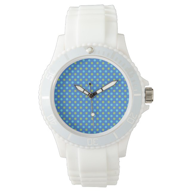 Sporty Wristwatch: Aqua, Green on Blue Polka Dots Armbanduhr (Vorderseite)