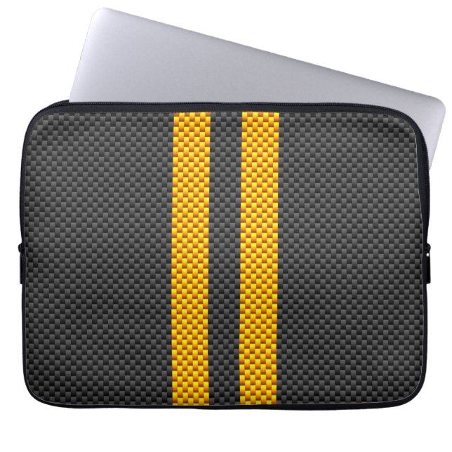 Sporty Yellow Racing Stripes Carbon Fibre Style Laptopschutzhülle (Vorderseite)