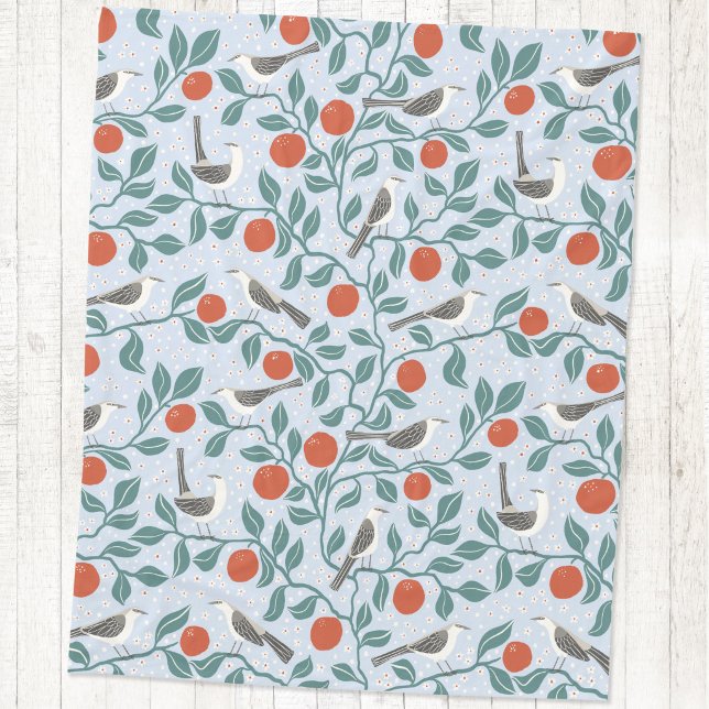 Spottdrossel Orangenblüten Vogel Blume Hellblau Fleecedecke (Mockingbird and orange blossom bird and botanical fleece blanket)