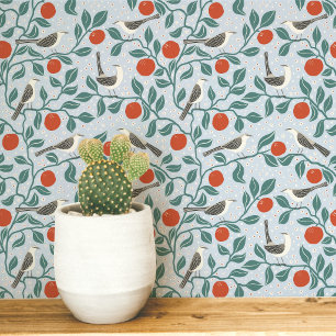 Spottdrossel Orangenblüten Vogel Blume Hellblau Tapete