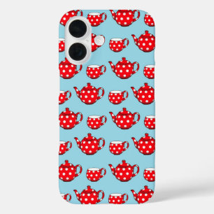 Spotty Red Teapot and Cups Blue Pattern iPhone 16 Hülle