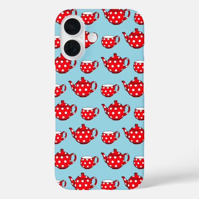 Spotty Red Teapot and Cups Blue Pattern Case-Mate iPhone Hülle (Rückseite)