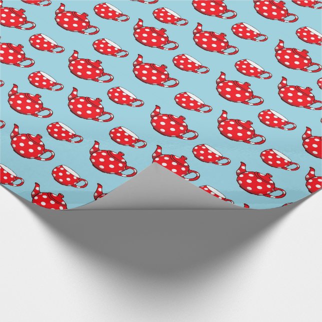 Spotty Red Teapot and Cups Blue Pattern Geschenkpapier (Ecke)