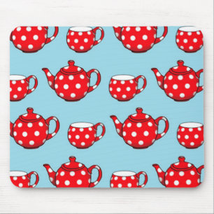 Spotty Red Teapot and Cups Blue Pattern Mousepad
