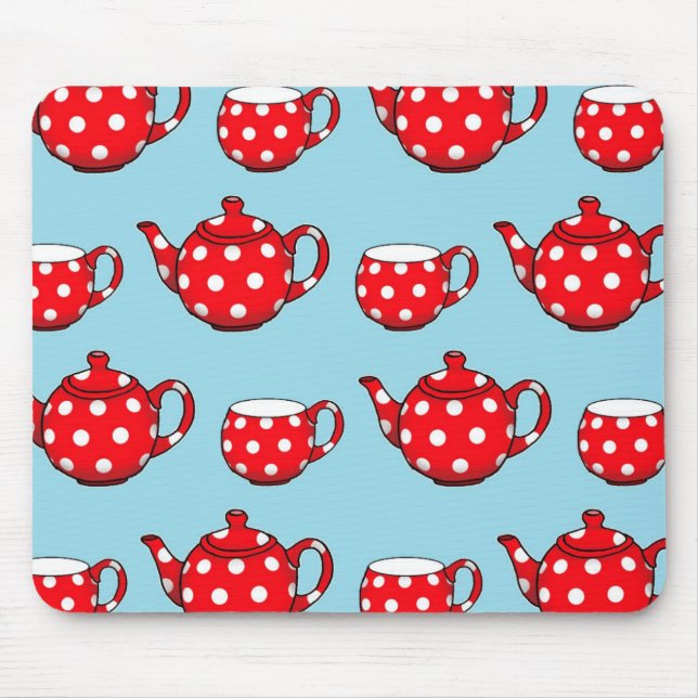 Spotty Red Teapot and Cups Blue Pattern Mousepad (Vorne)