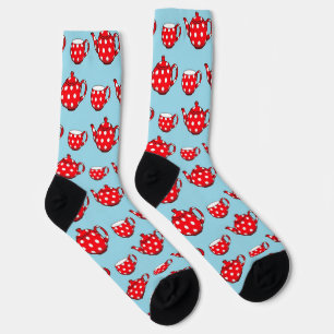 Spotty Red Teapot and Cups Blue Pattern Socken