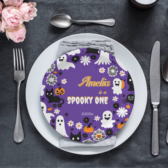 Sppoky ein Halloween Geburtstag Groovy Retro-Désie Pappteller (Halloween spooky one party plates purple groovy retro daisies cute ghosts black cat)