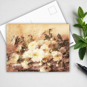 Spray of white chrysanthemas on a stone ledge pos postkarte