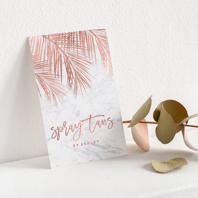 Spray tans Skript Rose Goldpalmenblättriger Marmor Visitenkarte (Spray tans script rose gold palm tree leaf marble business card)