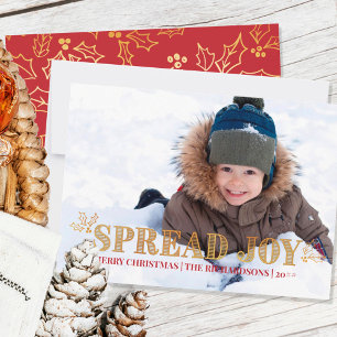 Spread Joy Holly Red und Gold Full Bleed Foto Feiertagskarte