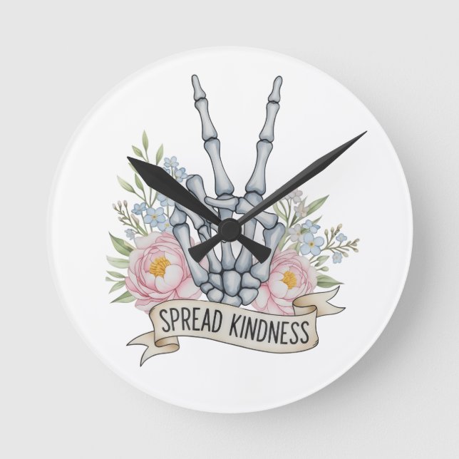 "Spread Kindness" Skeleton Peace Sign – Watercolor Runde Wanduhr (Vorderseite)